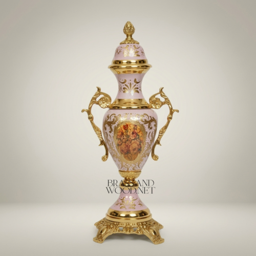 Rococo Pink Ceramic Covered Urn Vase with Brass Scroll Handles and Painted Floral Medallion Gold Front | Brass & Wood