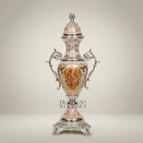 Rococo Pink Ceramic Covered Urn Vase with Brass Scroll Handles and Painted Floral Medallion Silver Front | Brass & Wood
