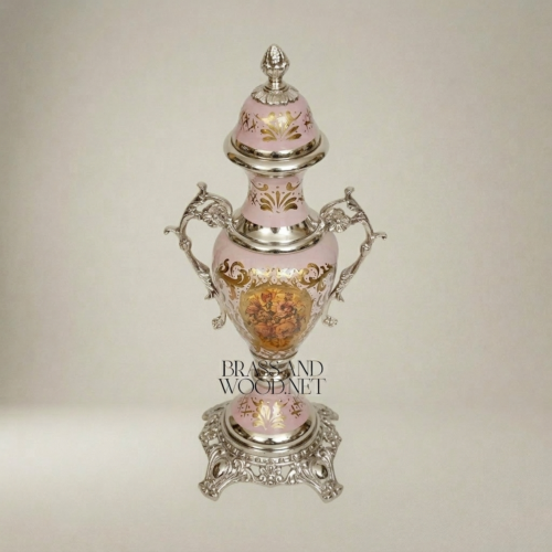 Rococo Pink Ceramic Covered Urn Vase with Brass Scroll Handles and Painted Floral Medallion Silver Front | Brass & Wood