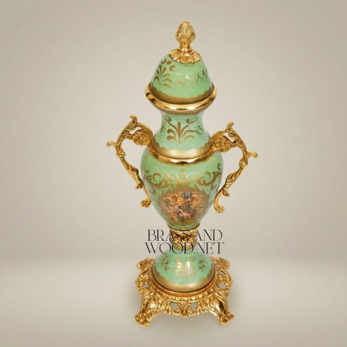 Rococo Celadon Green Ceramic Covered Urn Vase with Brass Acanthus Handles and Floral Medallion Gold Front | Brass & Wood