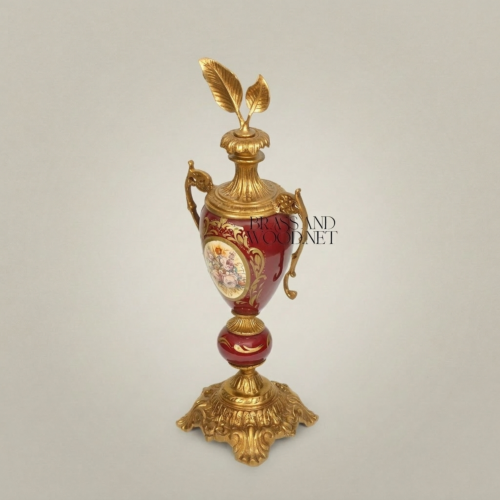 Rococo Wine Red Ceramic Lidded Urn Vase Hand-Painted Floral Medallion Brass Mounts Brass and Wood Gold Front | Brass & Wood