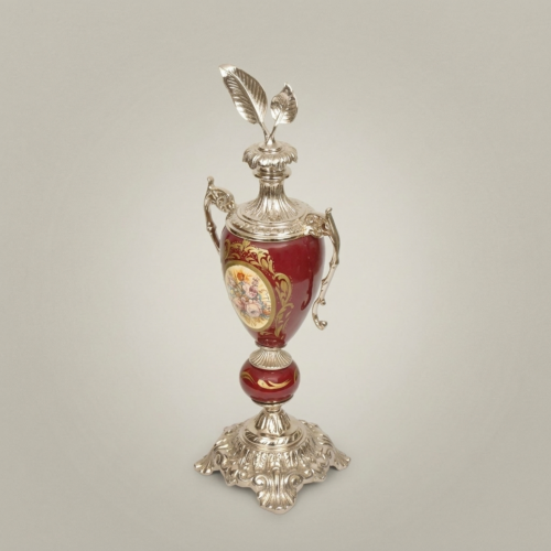 Rococo Wine Red Ceramic Lidded Urn Vase Hand-Painted Floral Medallion Brass Mounts Brass and Wood Silver Side | Brass & Wood