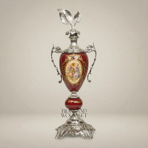 Rococo Wine Red Ceramic Lidded Urn Vase Hand-Painted Floral Medallion Brass Mounts Brass and Wood Silver Side | Brass & Wood