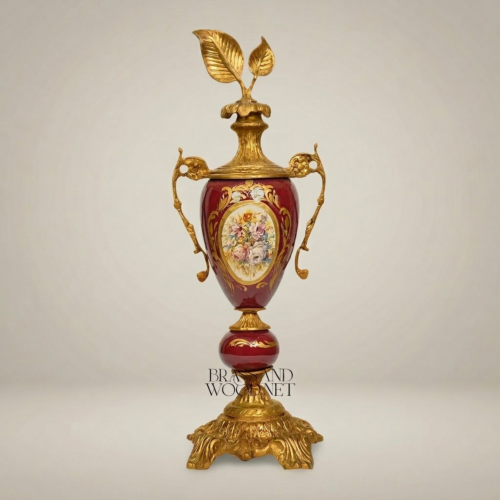 Rococo Wine Red Ceramic Lidded Urn Vase Hand-Painted Floral Medallion Brass Mounts Brass and Wood Gold Front | Brass & Wood