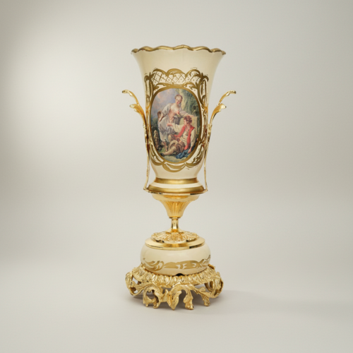 Rococo Ceramic Trophy Vase Boucher Medallion Acanthus Brass Base Brass and Wood Gold Front | Brass & Wood