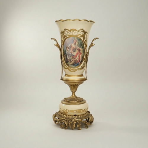 Rococo Ceramic Trophy Vase Boucher Medallion Acanthus Brass Base Brass and Wood Antique Gold Front | Brass & Wood