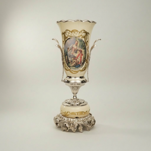 Rococo Ceramic Trophy Vase Boucher Medallion Acanthus Brass Base Brass and Wood Silver Front | Brass & Wood