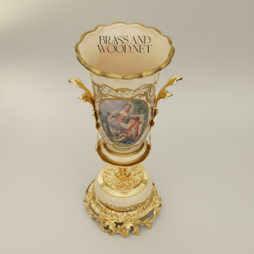 Rococo Ceramic Trophy Vase Boucher Medallion Acanthus Brass Base Brass and Wood Gold Front | Brass & Wood