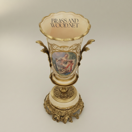 Rococo Ceramic Trophy Vase Boucher Medallion Acanthus Brass Base Brass and Wood Antique Gold Front | Brass & Wood
