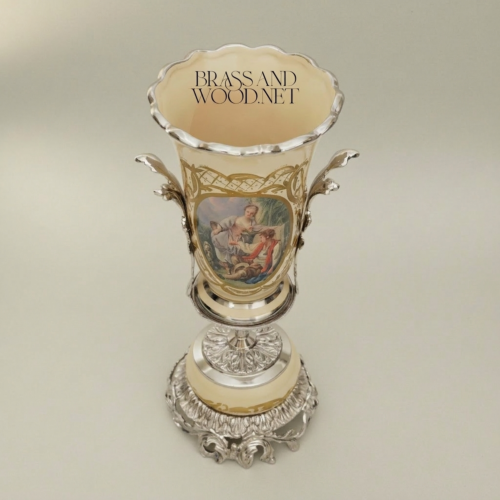 Rococo Ceramic Trophy Vase Boucher Medallion Acanthus Brass Base Brass and Wood Silver Front | Brass & Wood