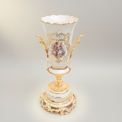 Rococo White Ceramic Trophy Vase Gilded Brass Acanthus Base Hand-Painted Floral Medallion Brass and Wood Gold Front | Brass & Wood
