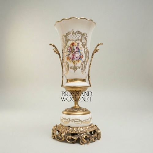 Rococo White Ceramic Trophy Vase Gilded Brass Acanthus Base Hand-Painted Floral Medallion Brass and Wood Antique Gold Front | Brass & Wood