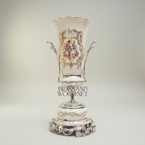 Rococo White Ceramic Trophy Vase Gilded Brass Acanthus Base Hand-Painted Floral Medallion Brass and Wood Silver Front | Brass & Wood