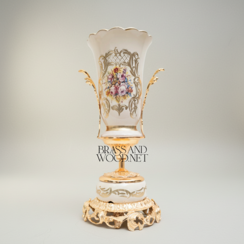 Rococo White Ceramic Trophy Vase Gilded Brass Acanthus Base Hand-Painted Floral Medallion Brass and Wood Gold Front | Brass & Wood