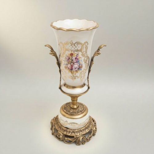 Rococo White Ceramic Trophy Vase Gilded Brass Acanthus Base Hand-Painted Floral Medallion Brass and Wood Antique Gold Front | Brass & Wood