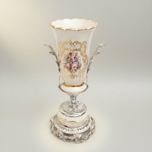 Rococo White Ceramic Trophy Vase Gilded Brass Acanthus Base Hand-Painted Floral Medallion Brass and Wood Silver Front | Brass & Wood