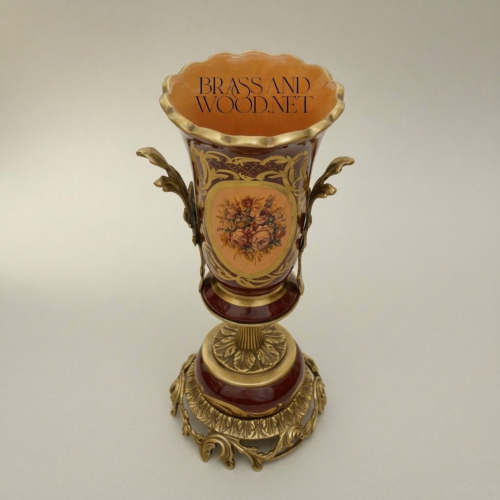 Rococo Ceramic Trumpet Vase Wine Red Hand-Painted Floral Medallion Brass Mounts Brass and Wood Antique Gold Side | Brass & Wood