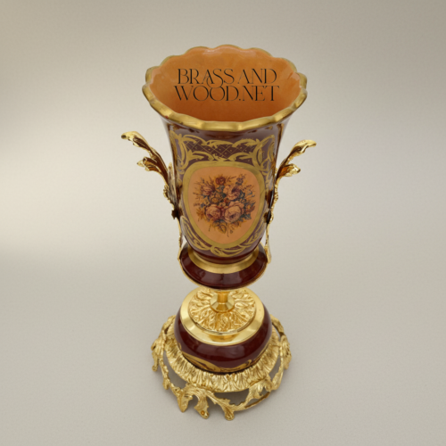 Rococo Ceramic Trumpet Vase Wine Red Hand-Painted Floral Medallion Brass Mounts Brass and Wood Gold Back | Brass & Wood