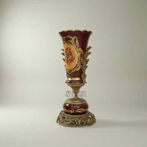 Rococo Ceramic Trumpet Vase Wine Red Hand-Painted Floral Medallion Brass Mounts Brass and Wood Antique Gold Side | Brass & Wood