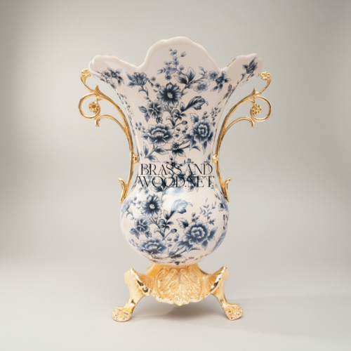 Rococo Ceramic Trumpet Vase Blue Floral Toile Brass Scroll Handles Claw Foot Base Brass and Wood Gold Front | Brass & Wood