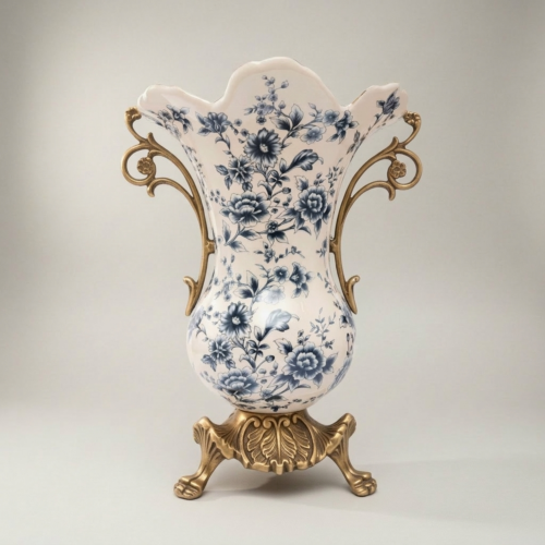 Rococo Ceramic Trumpet Vase Blue Floral Toile Brass Scroll Handles Claw Foot Base Brass and Wood Antique Gold Front | Brass & Wood