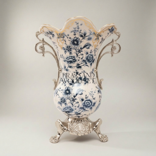 Rococo Ceramic Trumpet Vase Blue Floral Toile Brass Scroll Handles Claw Foot Base Brass and Wood Silver Front | Brass & Wood