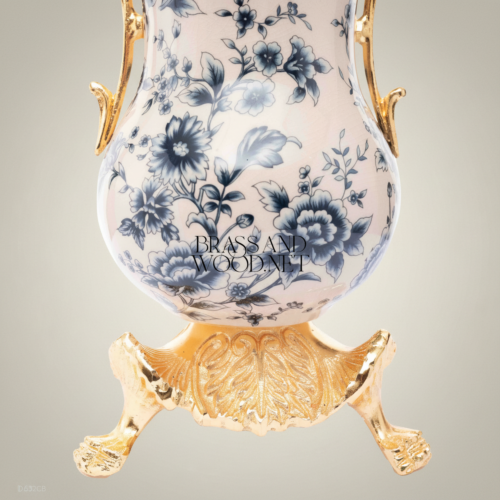 Rococo Ceramic Trumpet Vase Blue Floral Toile Brass Scroll Handles Claw Foot Base Brass and Wood Gold Front | Brass & Wood