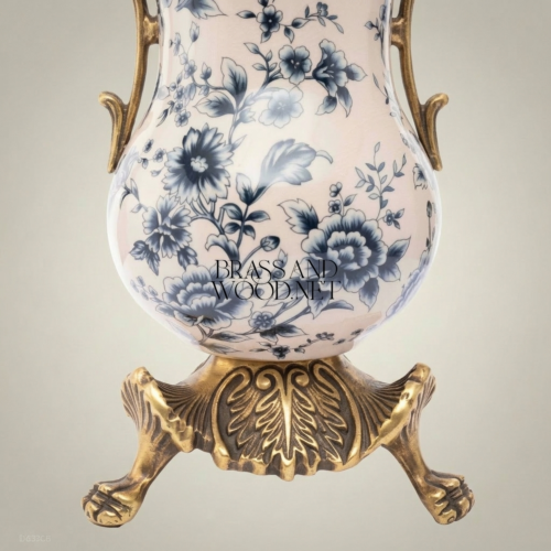 Rococo Ceramic Trumpet Vase Blue Floral Toile Brass Scroll Handles Claw Foot Base Brass and Wood Antique Gold Front | Brass & Wood