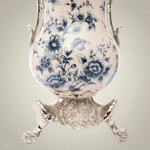 Rococo Ceramic Trumpet Vase Blue Floral Toile Brass Scroll Handles Claw Foot Base Brass and Wood Silver Front | Brass & Wood