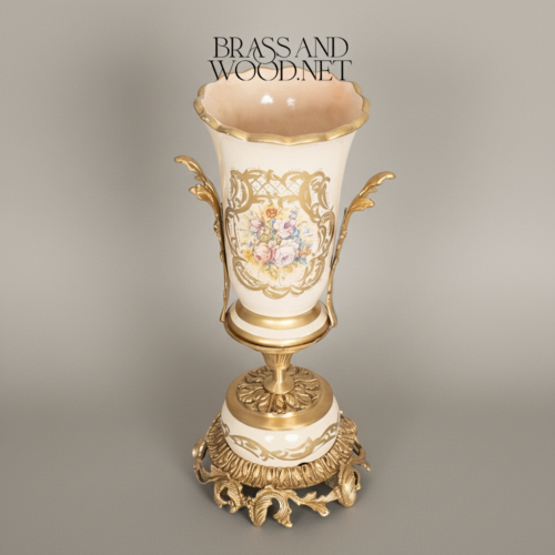 Rococo Ceramic Trumpet Vase Floral Cartouche Acanthus Brass Base Brass and Wood Antique Gold Front | Brass & Wood