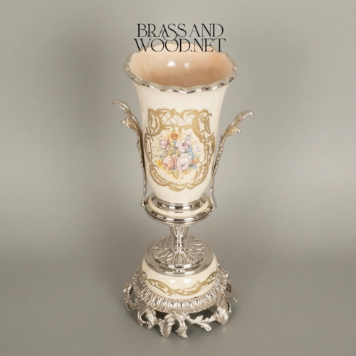 Rococo Ceramic Trumpet Vase Floral Cartouche Acanthus Brass Base Brass and Wood Silver Front | Brass & Wood