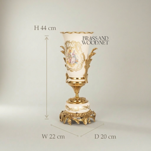 Rococo Ceramic Trumpet Vase Floral Cartouche Acanthus Brass Base Brass and Wood Gold Front | Brass & Wood