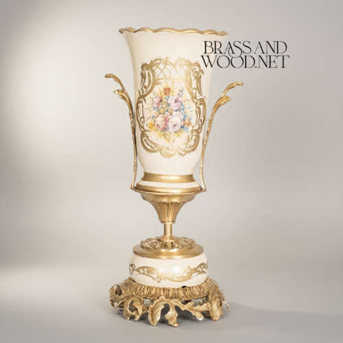 Rococo Ceramic Trumpet Vase Floral Cartouche Acanthus Brass Base Brass and Wood Antique Gold Front | Brass & Wood