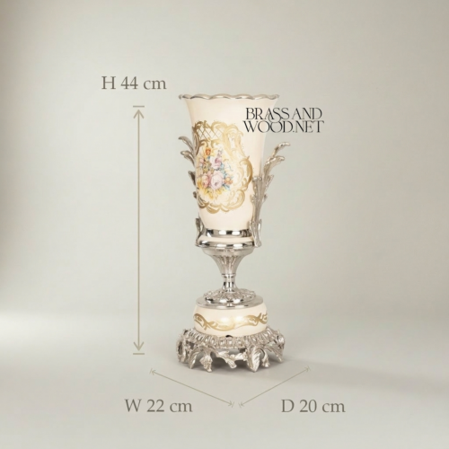 Rococo Ceramic Trumpet Vase Floral Cartouche Acanthus Brass Base Brass and Wood Silver Front | Brass & Wood