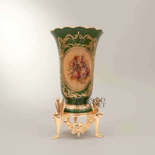 Rococo Green Ceramic Trumpet Vase Floral Medallion Ornate Brass Stand Brass and Wood Gold Back | Brass & Wood