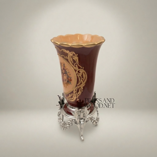 Rococo Green Ceramic Trumpet Vase Floral Medallion Ornate Brass Stand Brass and Wood Silver Front | Brass & Wood