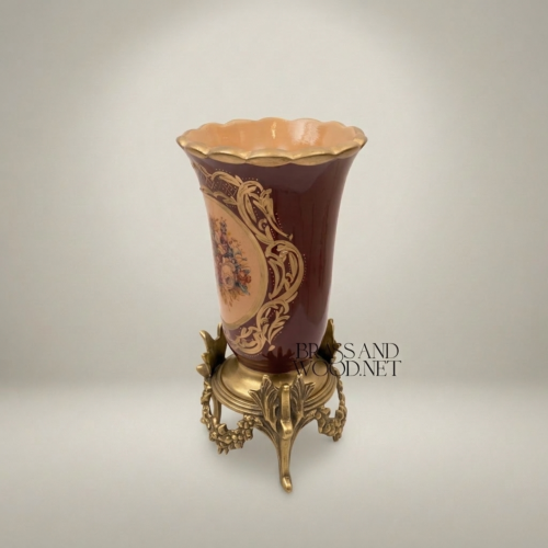 Rococo Wine Ceramic Trumpet Vase Ornate Brass Stand Floral Cartouche Brass and Wood Antique Gold Side | Brass & Wood