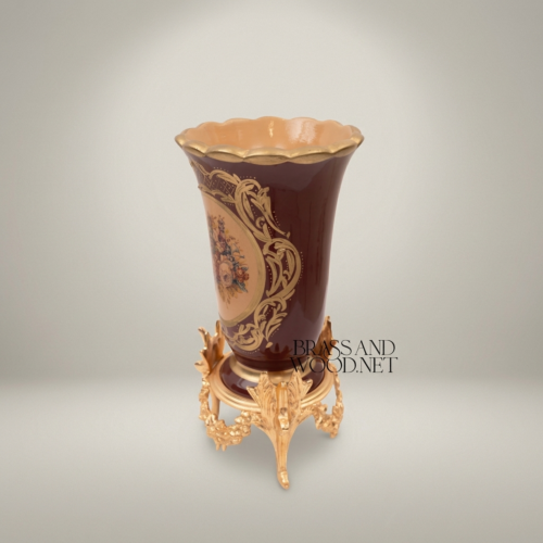 Rococo Wine Ceramic Trumpet Vase Ornate Brass Stand Floral Cartouche Brass and Wood Gold Side | Brass & Wood