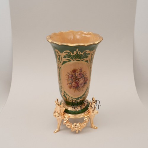 Rococo Green Ceramic Trumpet Vase Floral Medallion Ornate Brass Stand Brass and Wood Gold Front | Brass & Wood