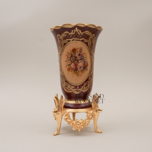 Rococo Wine Ceramic Trumpet Vase Ornate Brass Stand Floral Cartouche Brass and Wood Gold Side | Brass & Wood