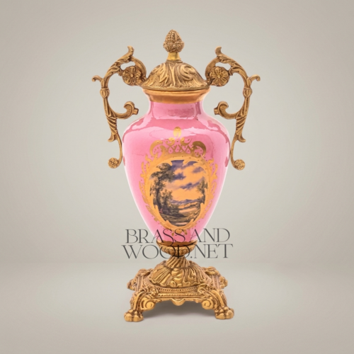 Rococo Pink Ceramic Urn Vase with Ornate Brass Mounts Hand-Painted Landscape Floral Medallion Brass and Wood Gold Front | Brass & Wood