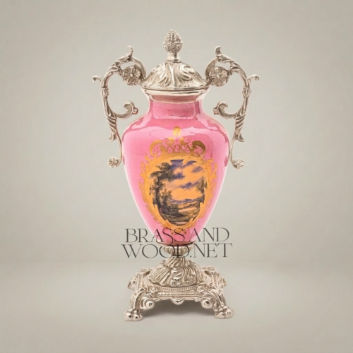 Rococo Pink Ceramic Urn Vase with Ornate Brass Mounts Hand-Painted Landscape Floral Medallion Brass and Wood Silver Front | Brass & Wood
