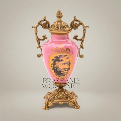 Rococo Pink Ceramic Urn Vase with Ornate Brass Mounts Hand-Painted Landscape Floral Medallion Brass and Wood Antique Gold Front | Brass & Wood