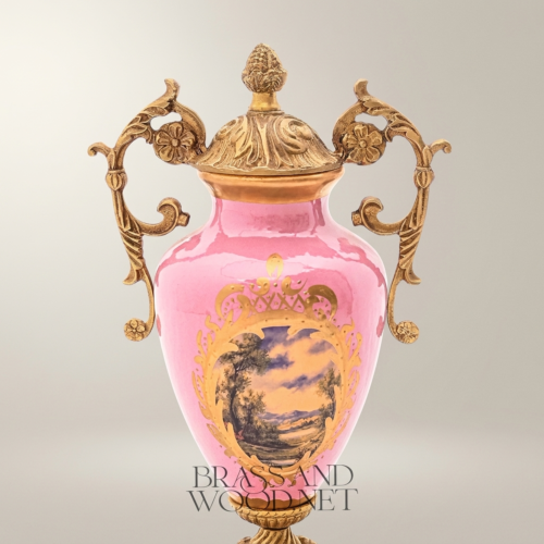 Rococo Pink Ceramic Urn Vase with Ornate Brass Mounts Hand-Painted Landscape Floral Medallion Brass and Wood Gold Front | Brass & Wood