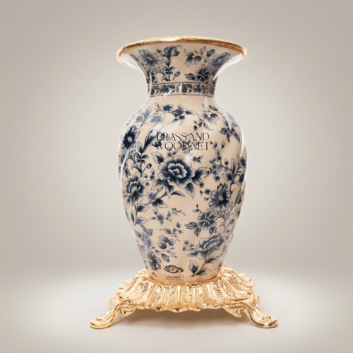 Rococo Ceramic Vase Navy Blue Chinoiserie Floral Pattern Ornate Brass Base Brass and Wood Gold Front | Brass & Wood