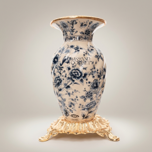 Rococo Ceramic Vase Navy Blue Chinoiserie Floral Pattern Ornate Brass Base Brass and Wood Gold Front | Brass & Wood