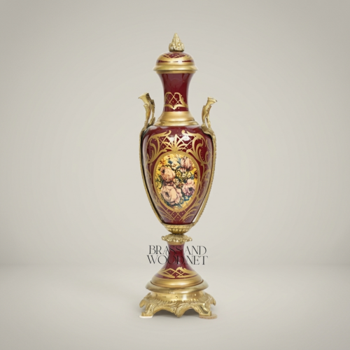 Rococo Classical Wine Red Ceramic Urn Vase with Brass Mounts Hand-Painted Floral Medallion Brass and Wood Antique Gold Front | Brass & Wood