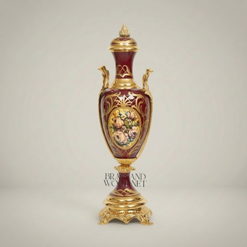 Rococo Classical Wine Red Ceramic Urn Vase with Brass Mounts Hand-Painted Floral Medallion Brass and Wood Gold Front | Brass & Wood