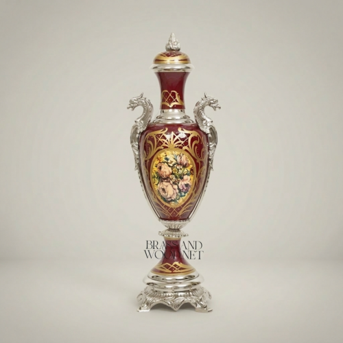 Rococo Classical Wine Red Ceramic Urn Vase with Brass Mounts Hand-Painted Floral Medallion Brass and Wood Silver Front | Brass & Wood