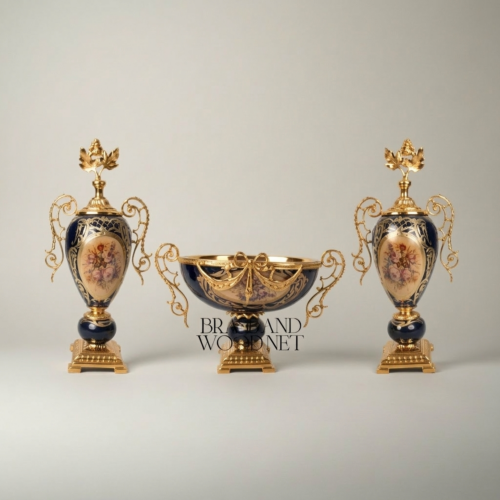 Rococo Cobalt Ceramic Brass Three-Piece Garniture Set Floral Cartouche Swag Bow Centrepiece Gold Detail | Brass & Wood